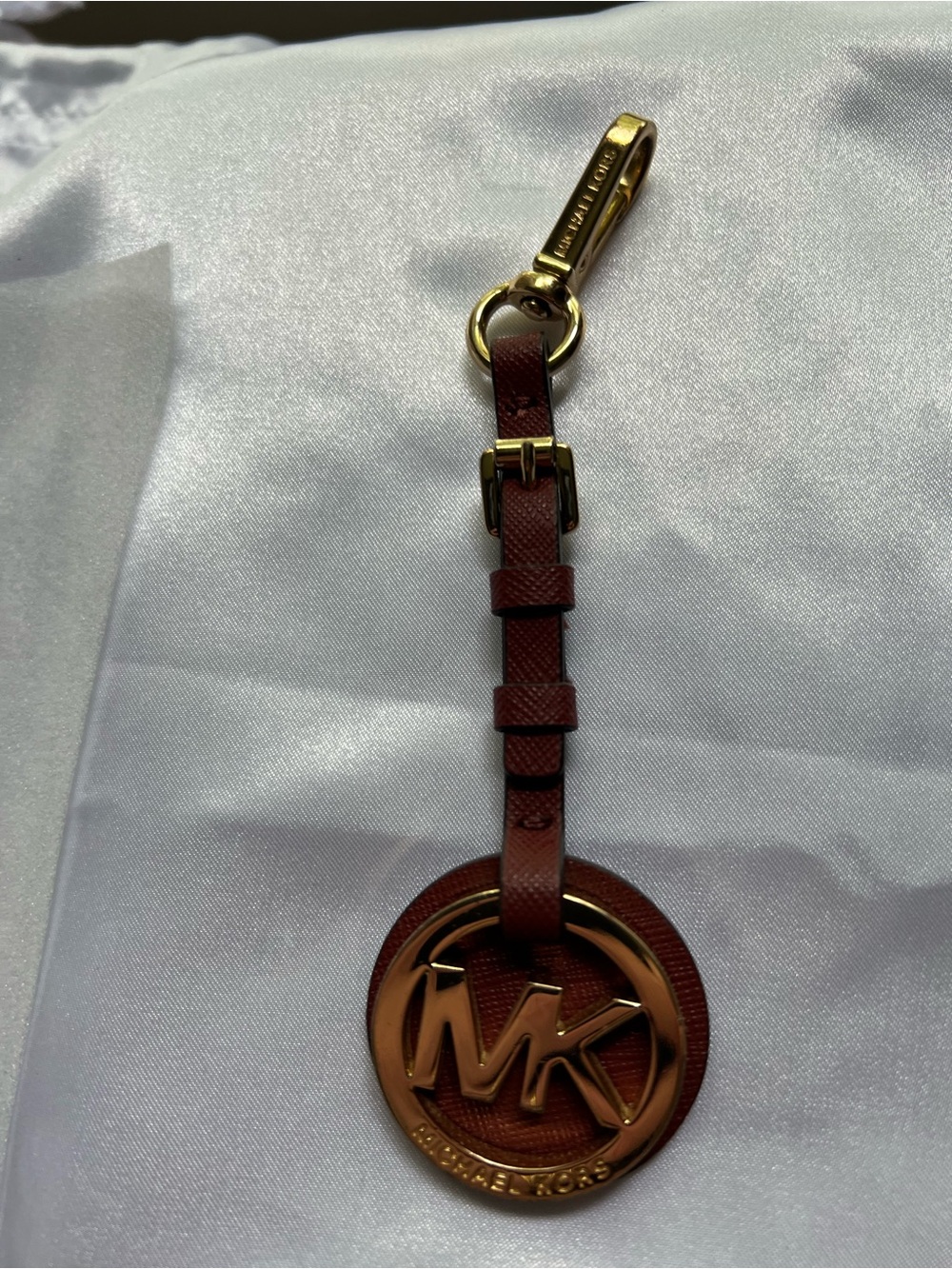 Michael Kors Brown Leather MK Logo Key Fob with Gold Hardware